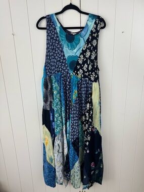 Boho Patchwork Maxi Dress in Blue Multi Pattern Flowy Skirt Large